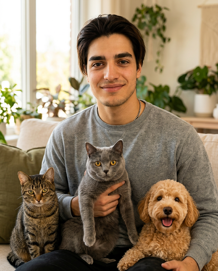 Il titolare di Pet Service Torino insieme a due gatti e un cane